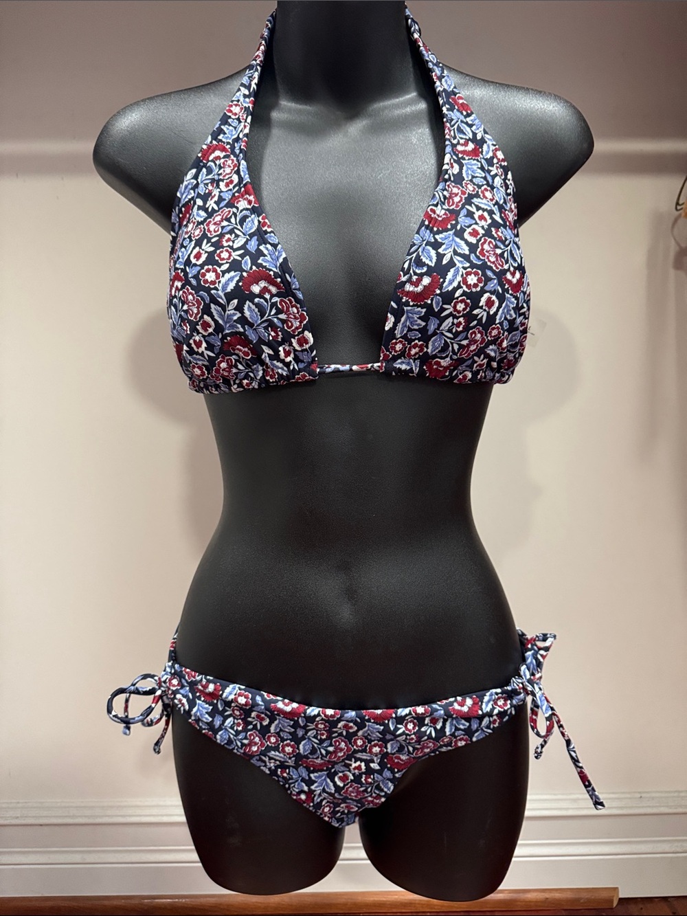 Abercrombie & Fitch Navy Floral Halter Bikini with Red & White Accents